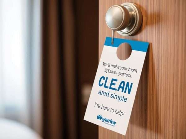 A housekeeping door hanger with a clever cleaning pun A housekeeping door hanger with a clever cleaning pun