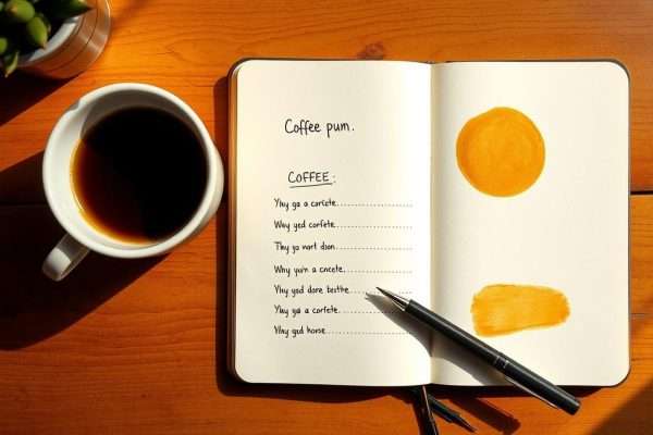A notebook with coffee stains and written coffee pun ideas, representing the creative process A notebook with coffee stains and written coffee pun ideas, representing the creative process