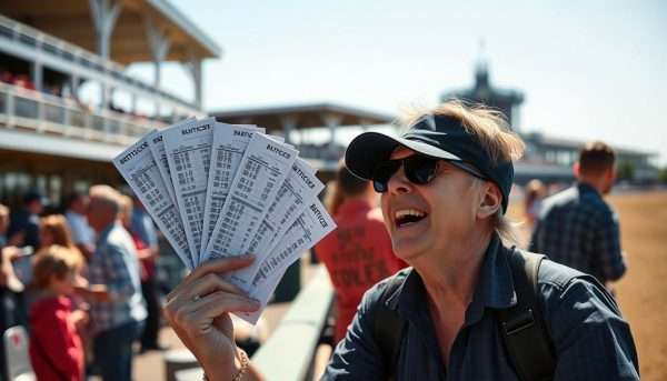 A person holding betting slips and looking excited at the derby A person holding betting slips and looking excited at the derby