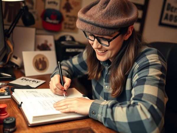 A person writing derby puns in a notebook with a smile A person writing derby puns in a notebook with a smile