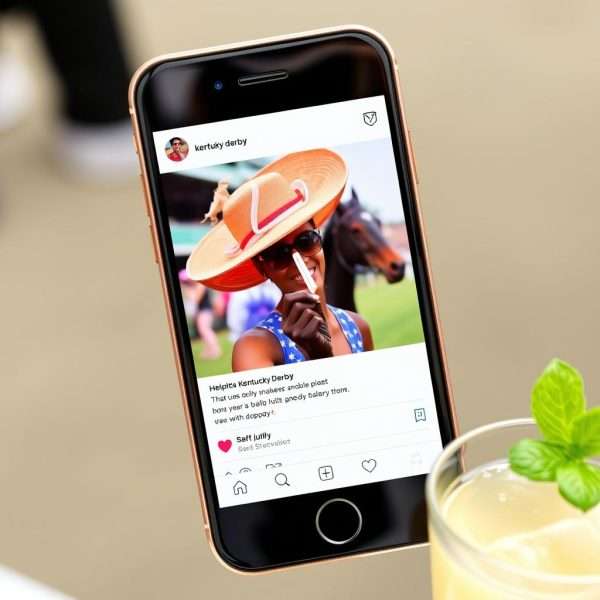 A smartphone displaying a derby-themed Instagram post with pun captions A smartphone displaying a derby-themed Instagram post with pun captions