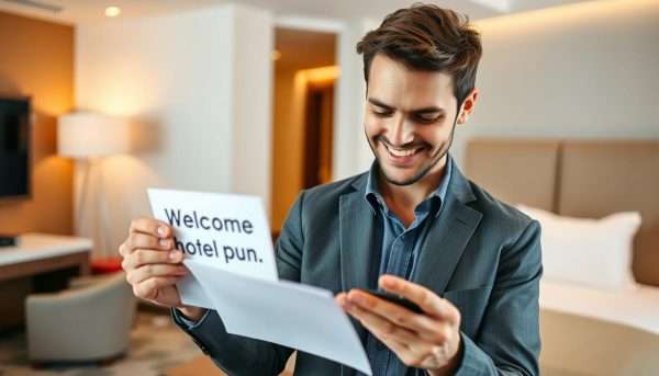A smiling hotel guest enjoying a punny welcome message A smiling hotel guest enjoying a punny welcome message
