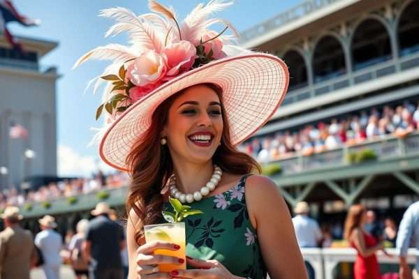 A woman in a large decorative derby hat laughing while holding a mint julep A woman in a large decorative derby hat laughing while holding a mint julep