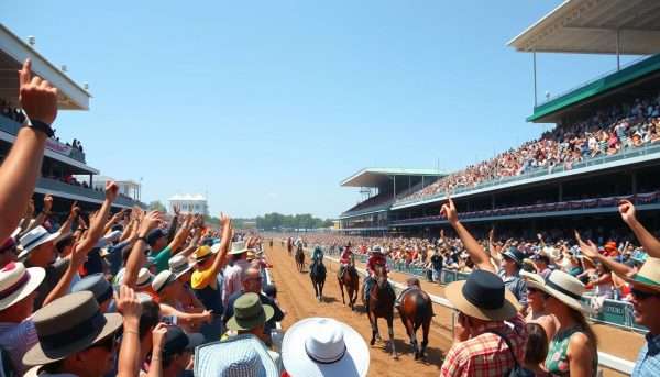 An excited crowd watching horses race at the Kentucky Derby An excited crowd watching horses race at the Kentucky Derby