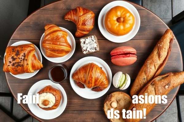 Array of French pastries and bread with Paris food puns overlay Array of French pastries and bread with Paris food puns overlay