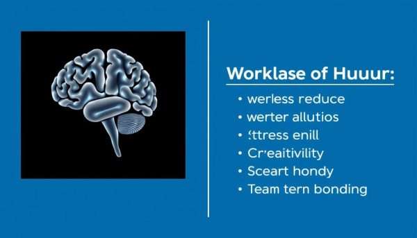 Brain scan showing activity during humor with workplace benefits listed Brain scan showing activity during humor with workplace benefits listed
