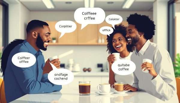 Colleagues enjoying coffee break with speech bubbles showing puns Colleagues enjoying coffee break with speech bubbles showing puns