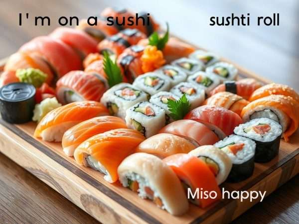Colorful sushi platter with text overlay of Tokyo puns about food Colorful sushi platter with text overlay of Tokyo puns about food