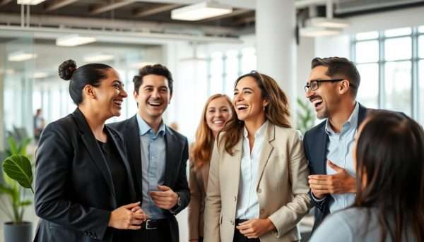 Diverse group of colleagues sharing a laugh in modern office Diverse group of colleagues sharing a laugh in modern office
