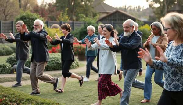 Diverse group of people of different ages practicing tai chi walking together in a community setting Diverse group of people of different ages practicing tai chi walking together in a community setting