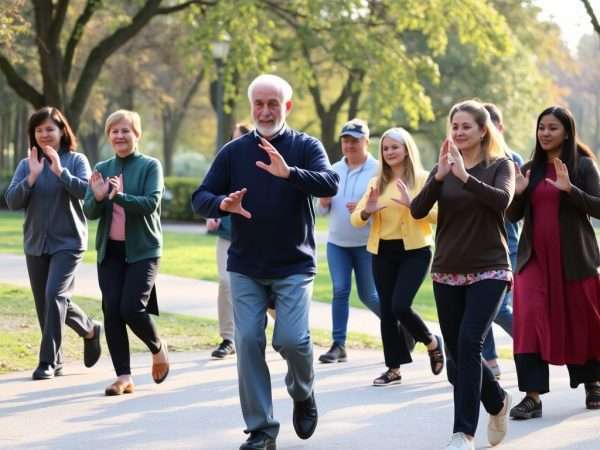 Group of beginners learning tai chi walking outdoors with an instructor Group of beginners learning tai chi walking outdoors with an instructor