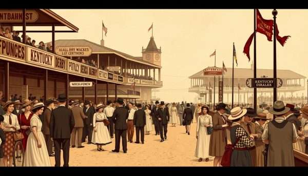 Historic Kentucky Derby scene with vintage fashion and signage Historic Kentucky Derby scene with vintage fashion and signage