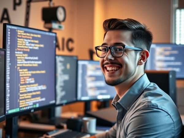 IT professional smiling at computer with pun on screen IT professional smiling at computer with pun on screen