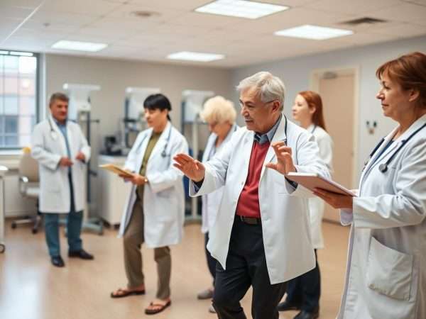 Medical professionals observing elderly patients practicing tai chi walking in a clinical setting Medical professionals observing elderly patients practicing tai chi walking in a clinical setting