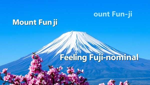 Mount Fuji with cherry blossoms and pun text overlay Mount Fuji with cherry blossoms and pun text overlay