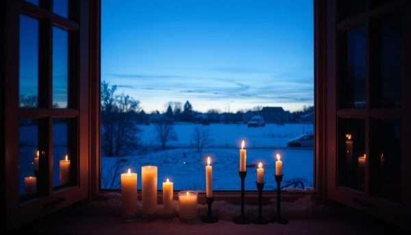 Peaceful winter solstice scene with candles illuminating darkness Peaceful winter solstice scene with candles illuminating darkness