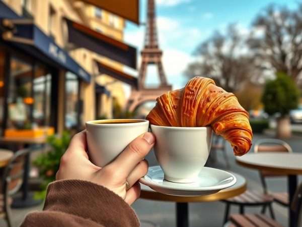 Person enjoying coffee and croissant at Parisian cafe with pun caption Person enjoying coffee and croissant at Parisian cafe with pun caption