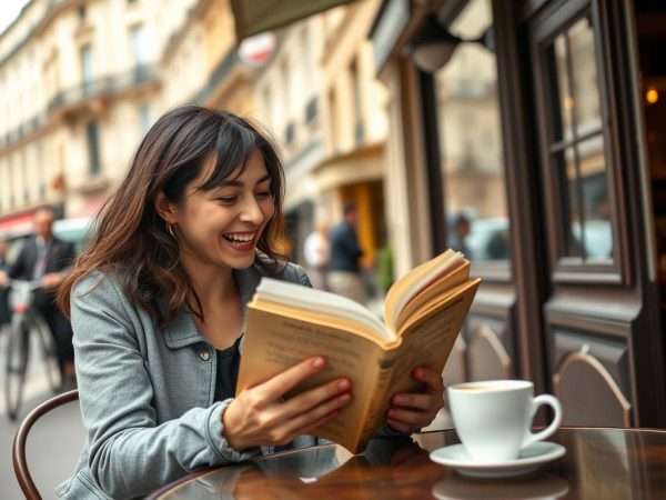 Person laughing while reading a book of Paris puns at a cafe Person laughing while reading a book of Paris puns at a cafe