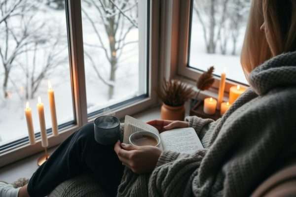 Person practicing winter self-care with tea and journaling Person practicing winter self-care with tea and journaling
