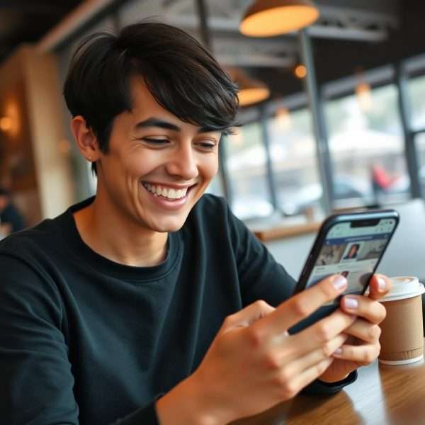 Person smiling at their phone with Facebook open Person smiling at their phone with Facebook open