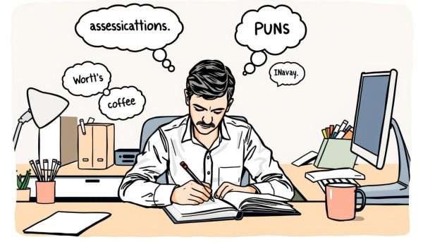 Person writing office puns in notebook with thought bubbles Person writing office puns in notebook with thought bubbles