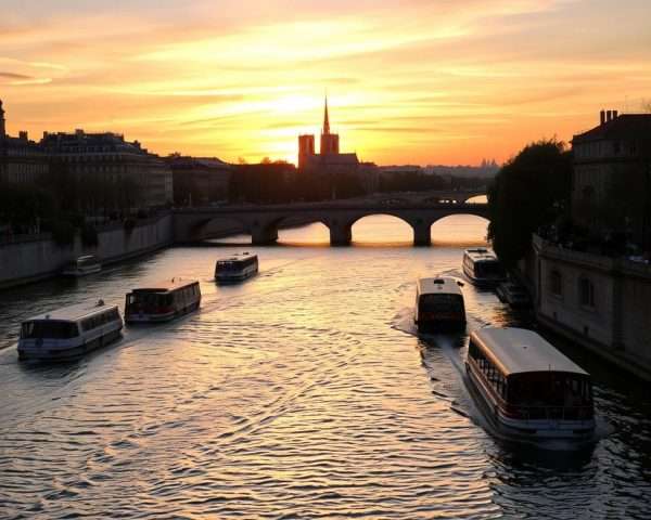 Seine River in Paris with boats and bridges, overlaid with Paris puns Seine River in Paris with boats and bridges, overlaid with Paris puns
