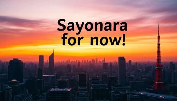 Tokyo skyline at sunset with text overlay saying 'Sayonara for now!' Tokyo skyline at sunset with text overlay saying 'Sayonara for now!'