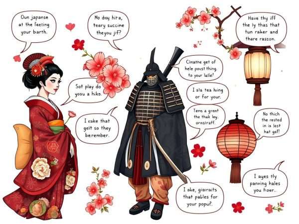 Traditional Japanese cultural elements with pun text overlays Traditional Japanese cultural elements with pun text overlays