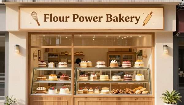A bakery storefront with a punny name 'Flour Power Bakery' A bakery storefront with a punny name 'Flour Power Bakery'