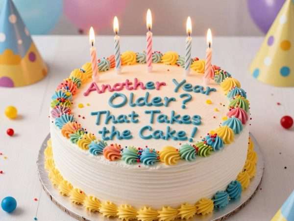 A birthday cake with candles and a punny birthday message A birthday cake with candles and a punny birthday message