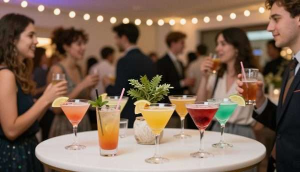 A festive cocktail party with decorated drinks A festive cocktail party with decorated drinks