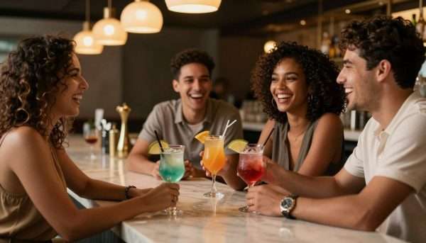 A group of friends enjoying cocktails during happy hour A group of friends enjoying cocktails during happy hour