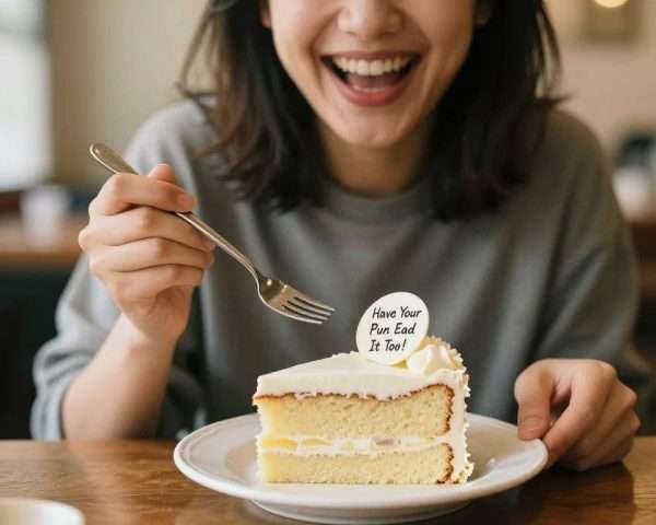 A person laughing while enjoying a slice of cake with a punny message A person laughing while enjoying a slice of cake with a punny message
