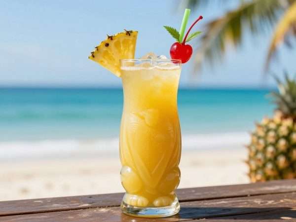 A tropical rum cocktail with fruit garnishes A tropical rum cocktail with fruit garnishes