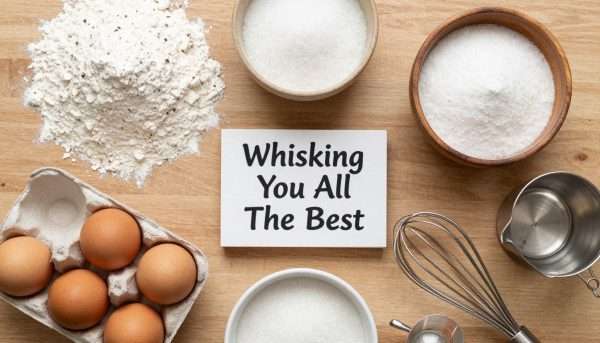 Baking ingredients and tools with a sign saying 'Whisking You All The Best' Baking ingredients and tools with a sign saying 'Whisking You All The Best'