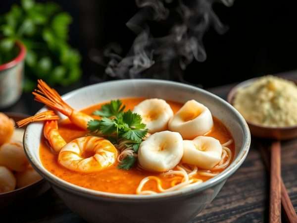 Bowl of spicy Singapore laksa with prawns, tofu puffs, and noodles Bowl of spicy Singapore laksa with prawns, tofu puffs, and noodles