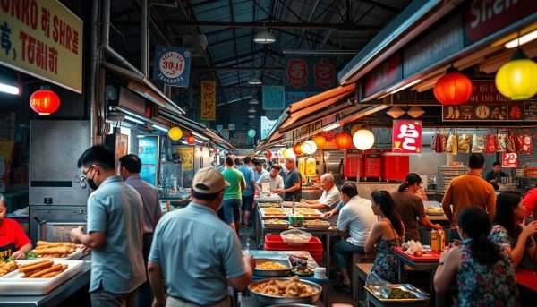 Busy hawker center in Singapore with various food stalls and diners enjoying local cuisine Busy hawker center in Singapore with various food stalls and diners enjoying local cuisine