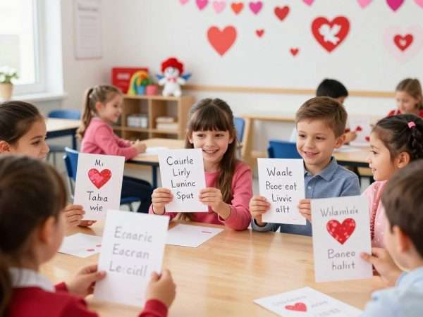 Children exchanging Valentine's cards with kid-friendly puns at school Children exchanging Valentine's cards with kid-friendly puns at school