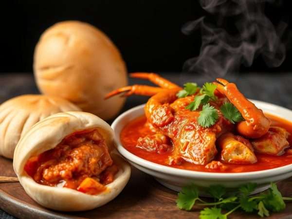 Close-up of Singapore's famous chili crab dish with mantou buns on the side Close-up of Singapore's famous chili crab dish with mantou buns on the side
