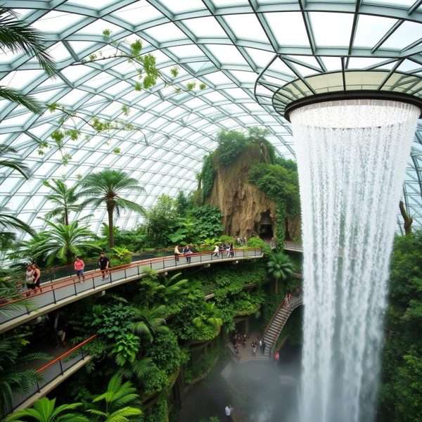 Close-up of the Cloud Forest dome interior at Gardens by the Bay with its indoor waterfall Close-up of the Cloud Forest dome interior at Gardens by the Bay with its indoor waterfall