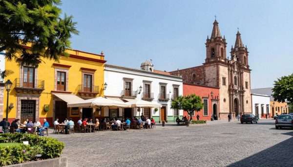 Colonial plaza in Coyoacán with historic buildings and cafes Colonial plaza in Coyoacán with historic buildings and cafes