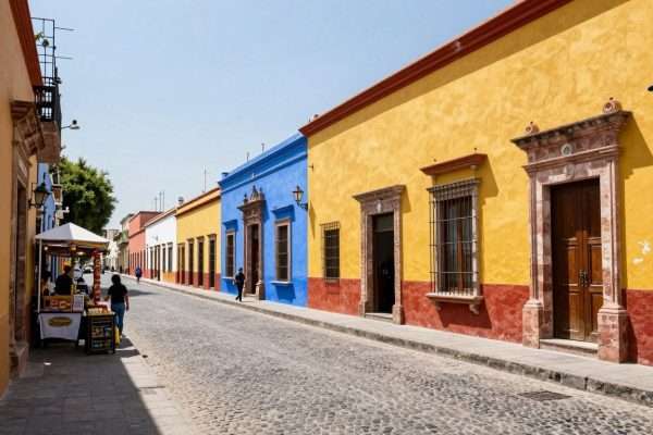 Colorful historic street in Coyoacán with colonial architecture Colorful historic street in Coyoacán with colonial architecture