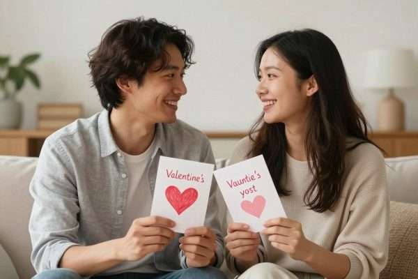Couple exchanging Valentine's cards with classic romantic puns Couple exchanging Valentine's cards with classic romantic puns