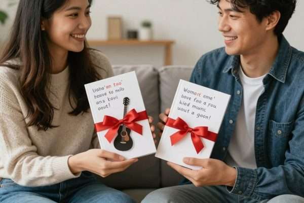 Couple exchanging hobby-themed Valentine's gifts with punny messages Couple exchanging hobby-themed Valentine's gifts with punny messages