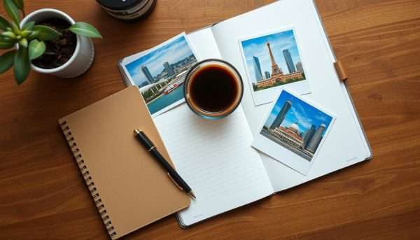 Creative writing setup with notebook, pen, and photos of Singapore attractions Creative writing setup with notebook, pen, and photos of Singapore attractions