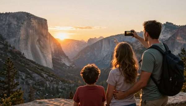 Family enjoying a UNESCO site in USA at sunset