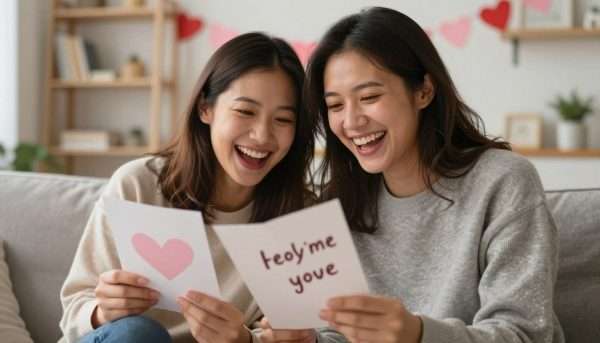 Happy couple laughing while reading Valentine's cards with puns Happy couple laughing while reading Valentine's cards with puns