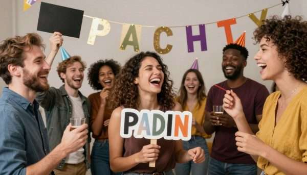 Happy party guests enjoying a celebration with punny decorations Happy party guests enjoying a celebration with punny decorations