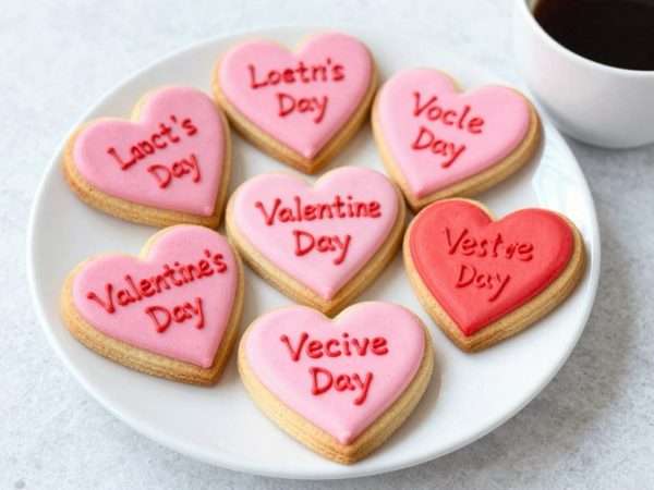 Heart-shaped cookies with Valentine's Day food puns written in icing Heart-shaped cookies with Valentine's Day food puns written in icing