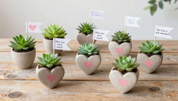 Nature-themed Valentine's Day decorations with puns on small flags Nature-themed Valentine's Day decorations with puns on small flags